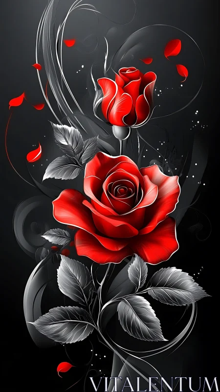 High-Contrast Red Rose Botanical Study with Grayscale Organic Motion Elements