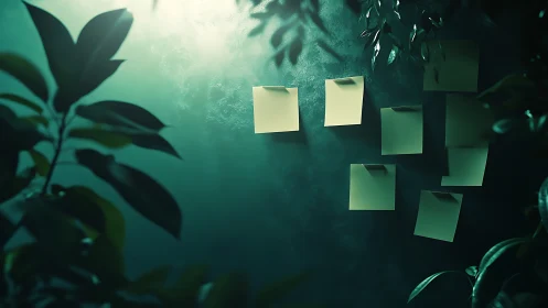 Sticky notes illuminated on textured wall amid soft foliage