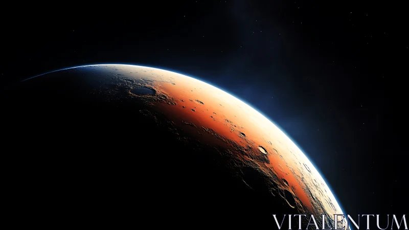 Crimson dawn skims a cratered alien world in silent orbit.