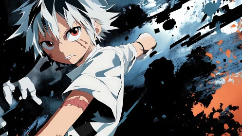 Dynamic anime fighter lunges through abstract ink-splash background