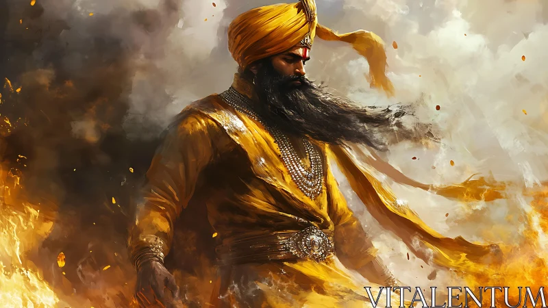 Warrior in golden robes strides through swirling battle fire.