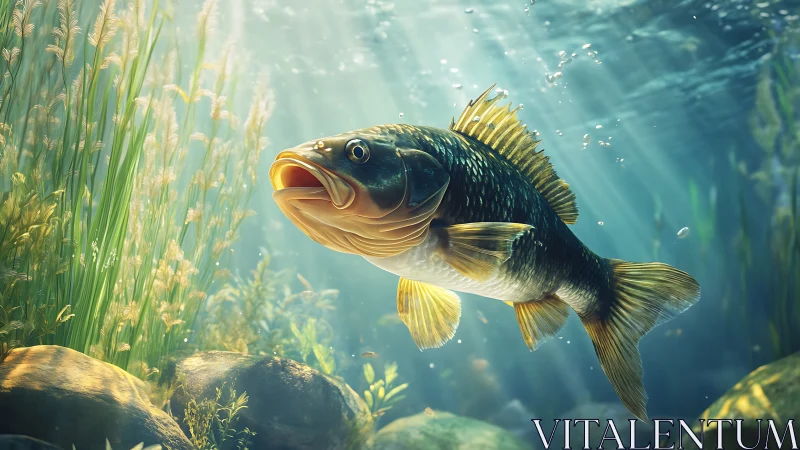 Sunlit freshwater fish suspended in dense underwater habitat.