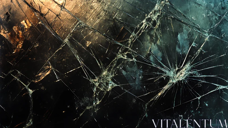 Close-up of shattered glass with dramatic lighting, abstract style.