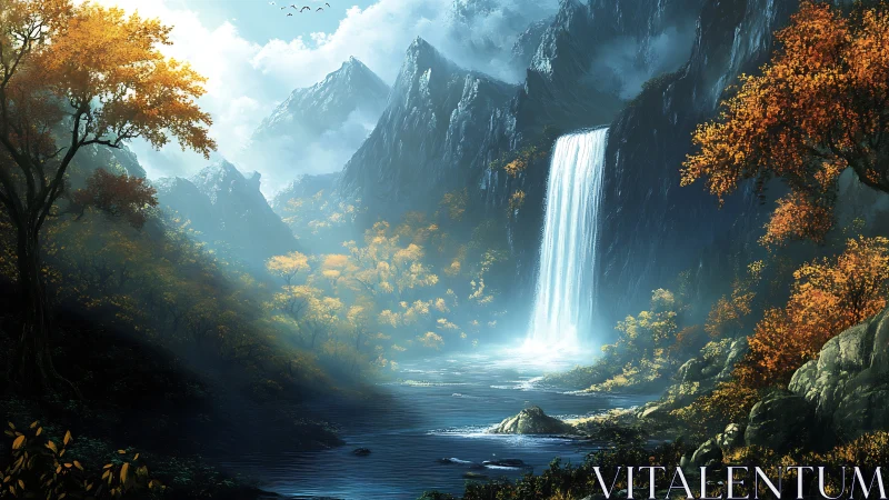 Enchanted mountain waterfall cascades through autumn valley.