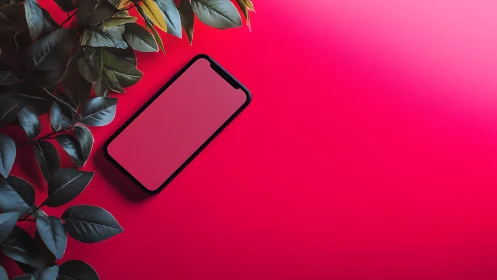 Smartphone Mockup Against Bold Magenta Background With Botanical Elements.