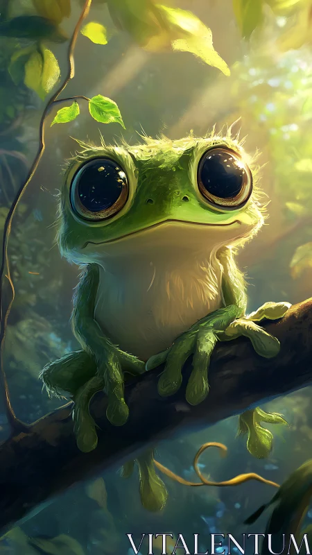 Bioluminescent tree frog portrait in sunlit jungle bokeh.