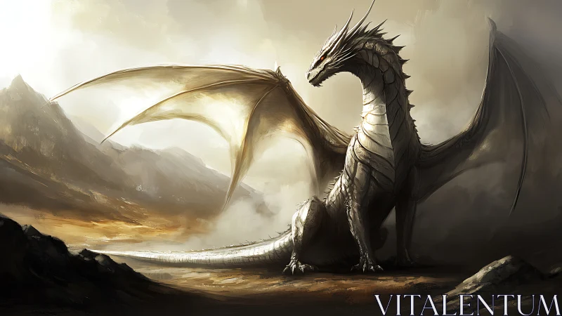 Winged dragon rests in a desaturated mountainous valley