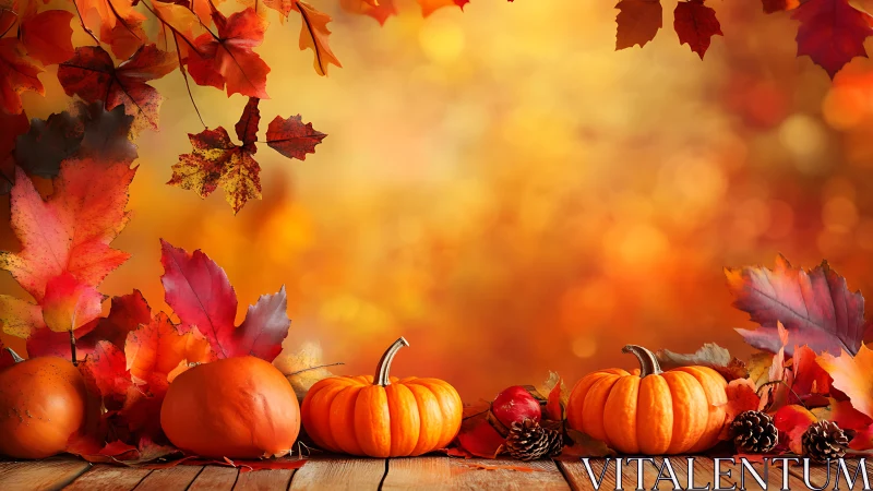 Pumpkins and autumn leaves are arranged on a wooden surface