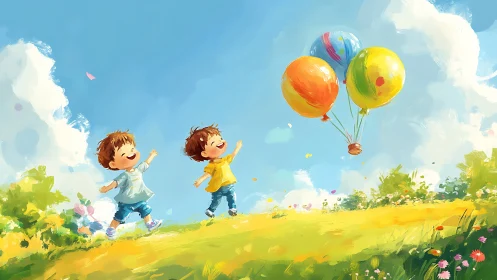 Children Flying Balloons in Sunlit Meadow.