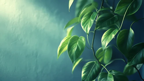 Sunlit Green Leaves Against Calm Blue Wall, Minimalist Botanical Style.