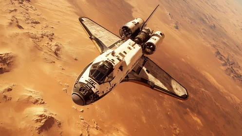 Orbital shuttle glides above a rust-gold Martian desertscape.
