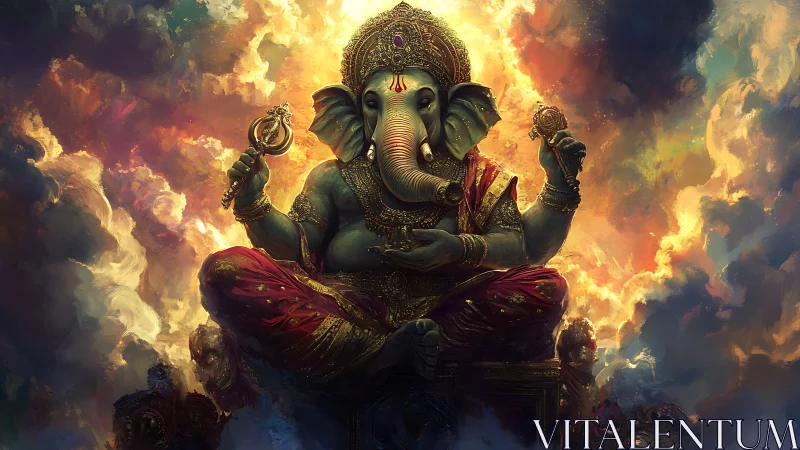 Elephant-headed deity seated amid luminous cloudscape.
