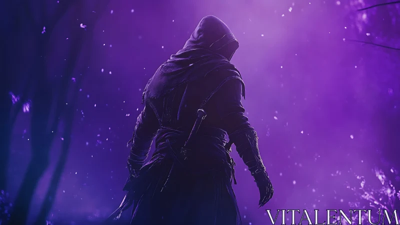 Hooded figure in dark cloak within purple misted forest.