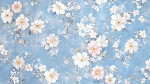 White and pink daisies floating on blue watercolor background