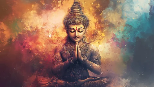 Serene deity in prayer amid glowing clouds of color.