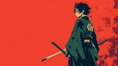 Solitary anime swordsman stands against flat crimson sky