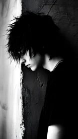 Moody monochrome portrait of youth against textured wall.