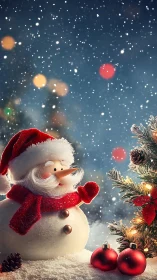 Cheerful snowman greets a glowing Christmas tree at night.