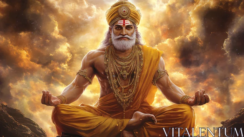 Divine sage in golden meditation amid radiant clouds.