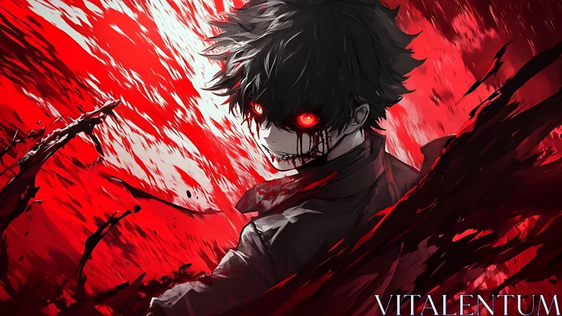 Monochrome figure with glowing eyes in red abstract field.