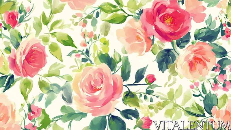 Watercolor Floral Pattern with Pink Roses and Green Foliage
