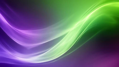 Violet and green light waves curve across dark abstract space