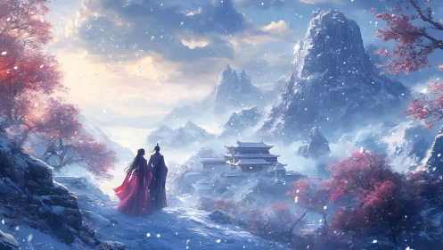 Lovers in red cross snowy path toward distant mountain temple