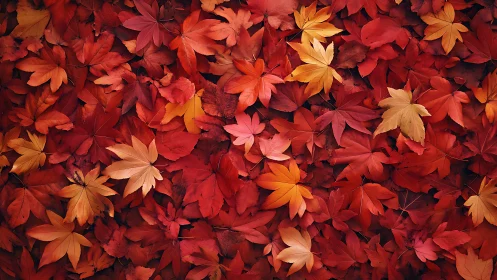 Overhead macro field of red and orange autumn maple leaves