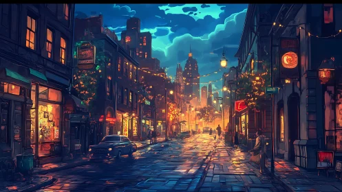 Rainy neon city street glows under dramatic blue evening sky