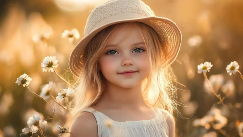Sweet Girl in Daisy Field at Golden Hour