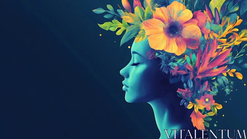 Chromatic female profile with botanically saturated headpiece.