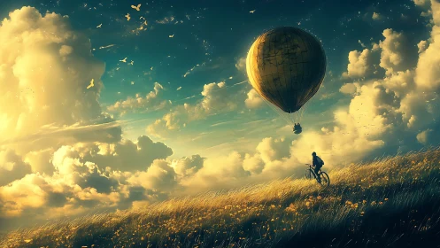 Cyclist chases golden balloon under stormlit dream sky.