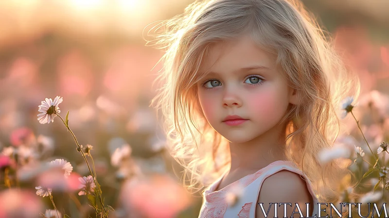 Child in flower field at golden hour light.