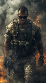 Calm soldier strides forward through smoke and fire.