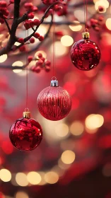 Glistening red baubles on branch with dreamy holiday bokeh.