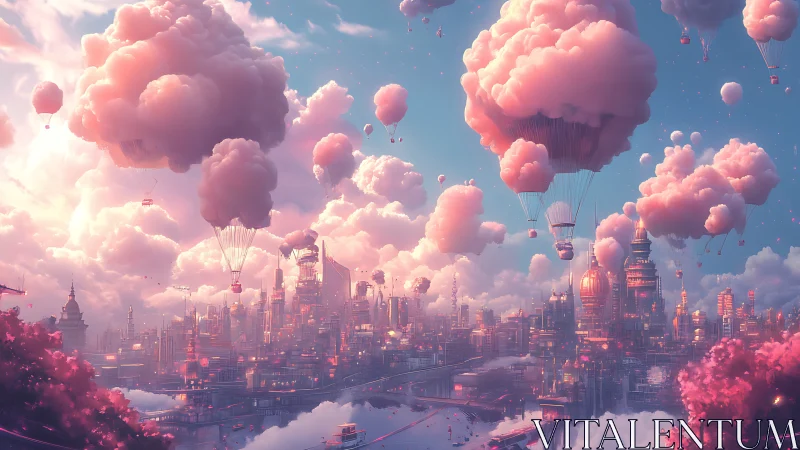 Floating cloud balloons above luminous future city.