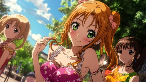 Anime girls outdoors in bright summer casual outfits.