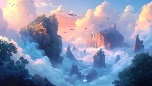 Vertical rock formations rise above dense cloud-covered valley