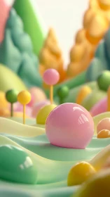 3D pastel landscape with glossy spheres and stylized hills.