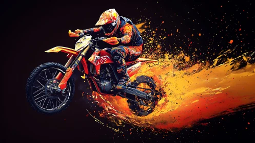 Motocross rider explodes through fiery digital dust trail.