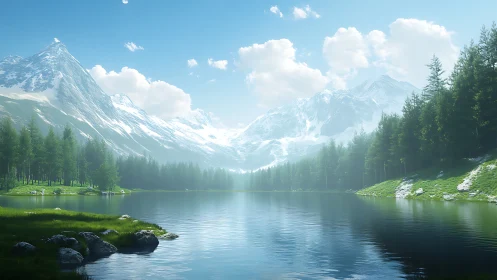 Snowcapped giants whisper softly above glassy alpine lake