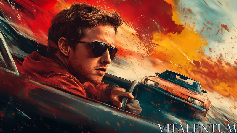 Driver in red jacket leading car chase against fiery sky.