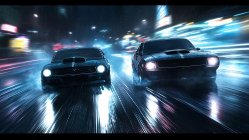 Twin muscle cars roar through a neon soaked midnight street