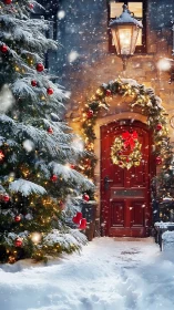 Snowy Christmas doorway with wreath and lit tree at night.