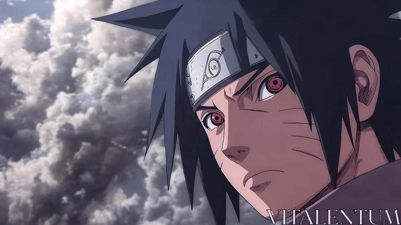 Anime ninja close up with red eyes and cloudy sky background.