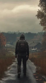 Solitary hooded figure on rural road under overcast sky.