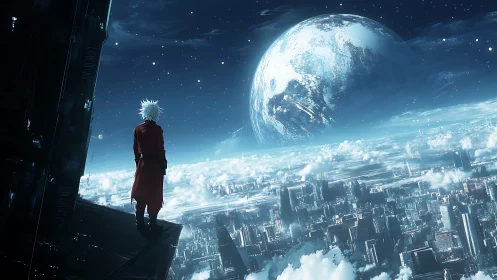 Lone figure surveys neon-lit megacity beneath colossal planet