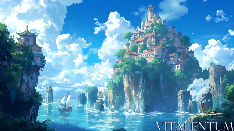 Terraced cliffside citadel above luminous turquoise inlet.