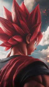 Red-haired anime warrior gazes over burning sky horizon.