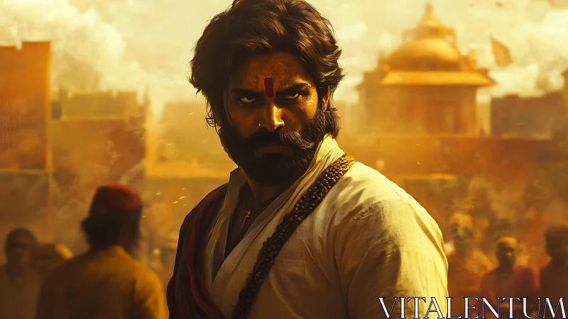 Warrior in saffron haze guards a blazing temple city.